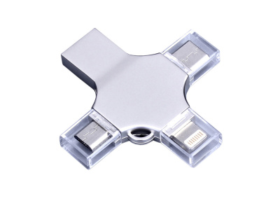 USB-флешка на 128 Гб 4 в 1 поворотный механизм, c дополнительными разъемами MicroUSB, TypeC и Lightning, серебристый , размер 128ГБ