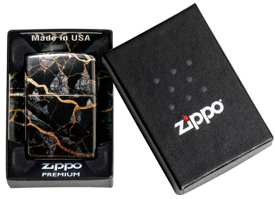 Зажигалка ZIPPO Fusion Marble Design с покрытием 540 Tumbled Chrome, латунь/сталь, черная, 38x13x57 мм