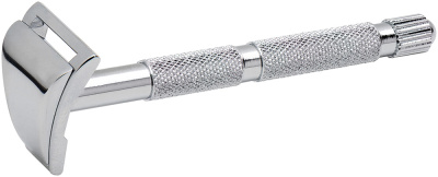 Станок контурный для бритья MERKUR 907C, глянцевое хромированное покрытие, прямой срез, короткая ручка, лезвие в комплекте (1 шт)