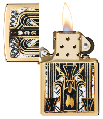Зажигалка ZIPPO Пламя в стиле ар-деко с покрытием Глянцевая латунь | Art Deco Flame High Polish Brass, латунь/сталь, золотистая, 38x13x57мм