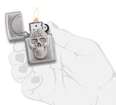 Зажигалка ZIPPO Череп с покрытием матовый хром | Skull Design Brushed Chrome, латунь/сталь, серебристая, 38x13x57 мм