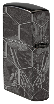 Зажигалка ZIPPO Грибы и черепа с черным глянцевым покрытием | Mushroom Skulls High Polish Black, латунь/сталь, черная, глянцевая, 38x13x57 мм