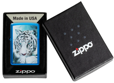 Зажигалка ZIPPO Белый тигр с глянцевым синим покрытием | White Tiger High Polish Blue, латунь/сталь, синяя, глянцевая, 38x13x57 мм