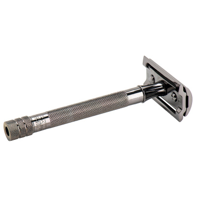 Станок Т-образный для бритья MERKUR 23C, глянцевое покрытие серый металлик, прямой срез, закрытый гребень, длинная ручка, лезвие в комплекте (1 шт)