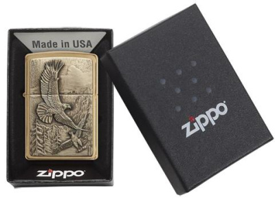 Зажигалка ZIPPO Парящие орлы с покрытием матовая латунь | Soaring Eagles Brushed Brass, латунь/сталь, золотистая, матовая, 38x13x57 мм