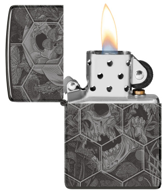 Зажигалка ZIPPO Грибы и черепа с черным глянцевым покрытием | Mushroom Skulls High Polish Black, латунь/сталь, черная, глянцевая, 38x13x57 мм