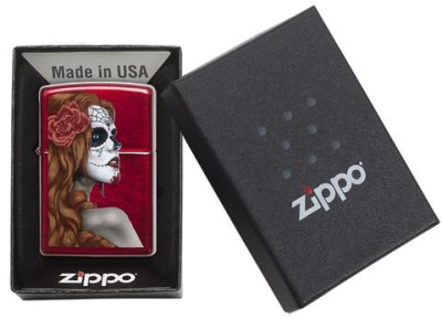 Зажигалка ZIPPO День мертвых с покрытием Красное карамелизированное яблоко | Day of Dead Candy Apple Red™, латунь/сталь,красная,глянцевая, 38x13x57мм