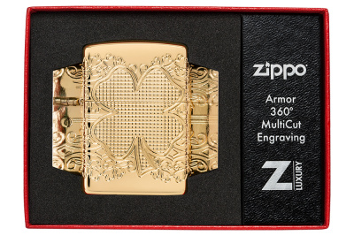 Зажигалка ZIPPO Armor® Счастливый клевер с глянцевым золотистым покрытием | Lucky Clover High Polish Gold Plate, латунь/сталь, золотистая, 38x13x57 мм