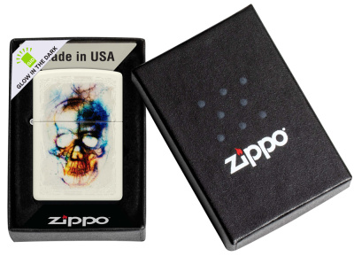 Зажигалка ZIPPO Skull Design с покрытием Glow In The Dark Green, латунь/сталь, белая, 38x13x57 мм