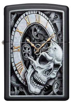 Зажигалка ZIPPO Часы и череп с черным матовым покрытием | Skull Clock Black Matte, латунь/сталь, чёрная, матовая, 38x13x57 мм